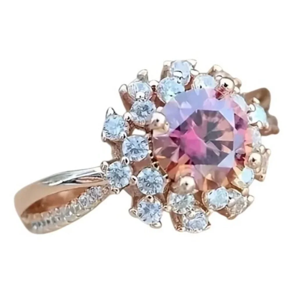 Round Cut Moissanite Halo Rose Gold Engagement Statement Anniversary Ring